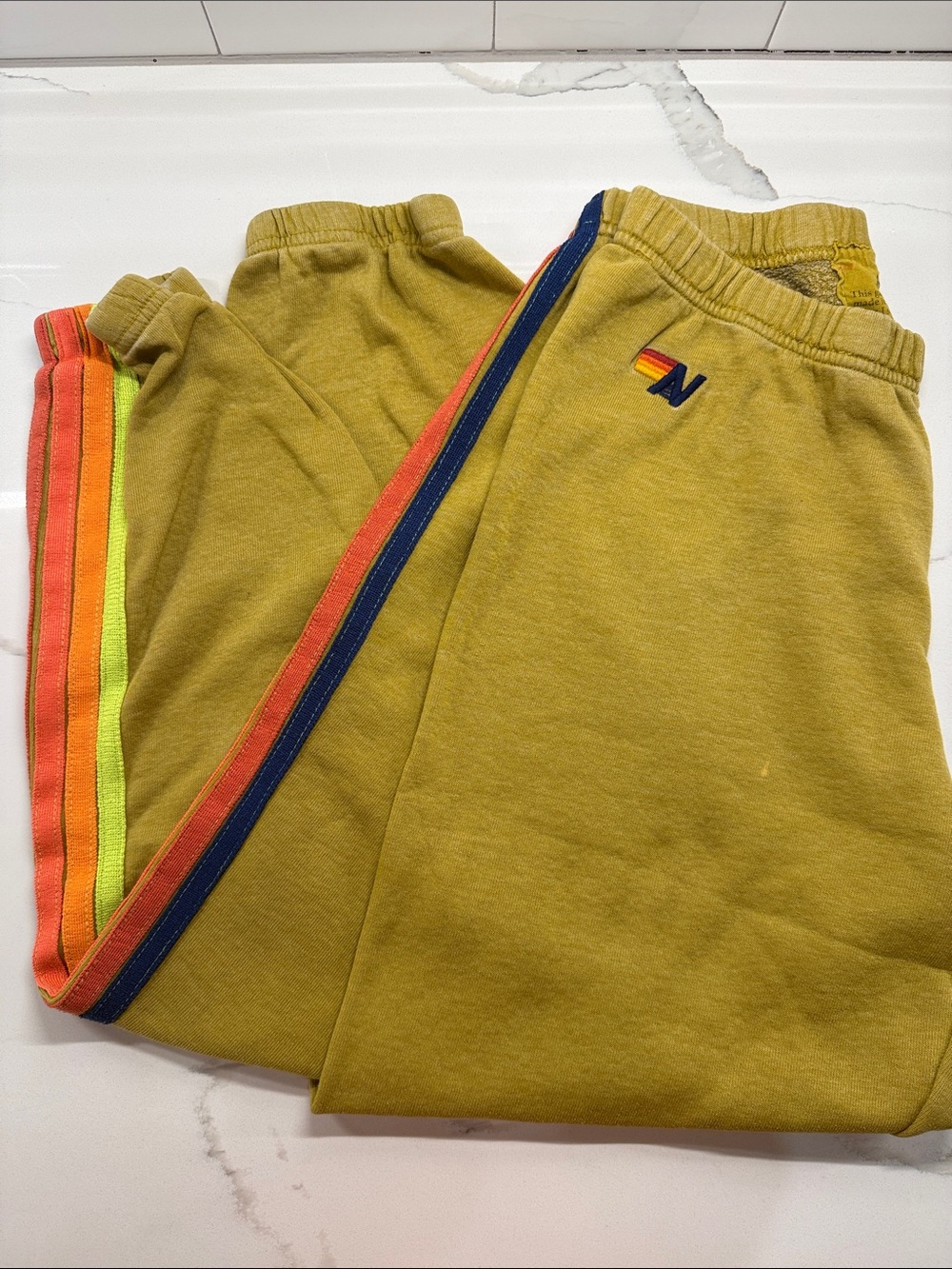 Aviator Nation Olive Green Track Joggers with Rainbow Side Stripes